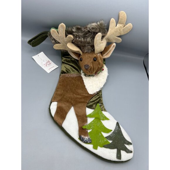 North Pole Trading Co Reindeer Stocking With Faux Fur Body Holly Accent Trees - Picture 13 of 15